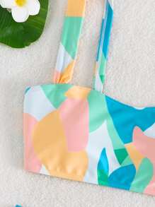 SHEIN Swim 抽象印花比基尼套裝寬肩帶背心上衣和高腰下裝2入組泳衣 - 彩色 - 查看 3