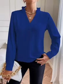 SHEIN Frenchy 素色缺口領襯衫 - 藍色 - 查看 3