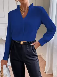 SHEIN Frenchy 素色缺口領襯衫 - 藍色 - 查看 6