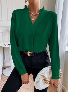 SHEIN Frenchy 素色缺口領襯衫 - 墨綠色 - 查看 5