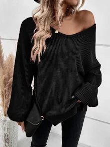 SHEIN LUNE Drop Shoulder Slit Hem Jumper - Black - View 1