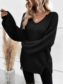 SHEIN LUNE Drop Shoulder Slit Hem Jumper - Black - View 3