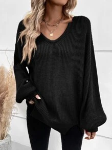 SHEIN LUNE Drop Shoulder Slit Hem Jumper - Black - View 5