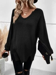 SHEIN LUNE Drop Shoulder Slit Hem Jumper - Black - View 6