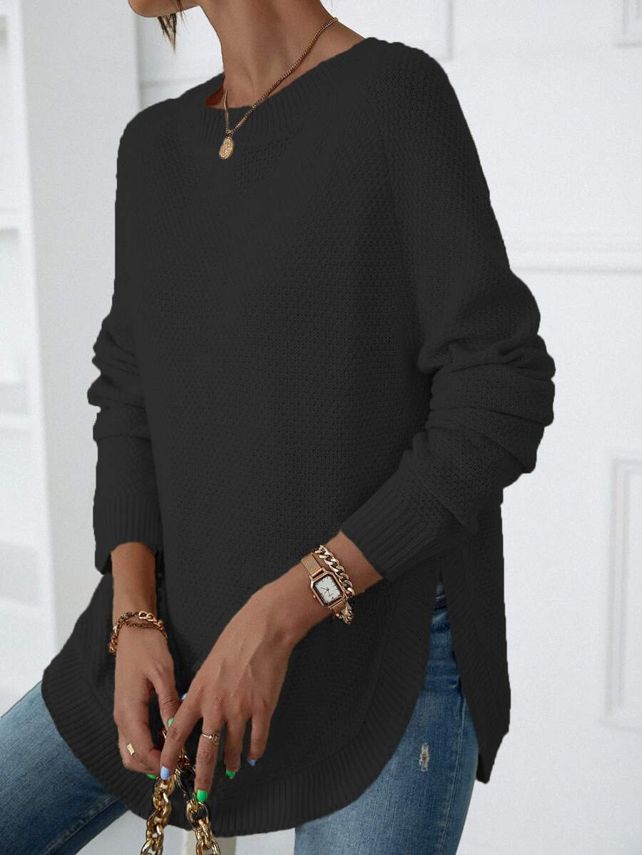 SHEIN LUNE Raglan Sleeve Curved Hem Jumper - Black - View 1