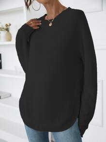 SHEIN LUNE Raglan Sleeve Curved Hem Jumper - Black - View 3