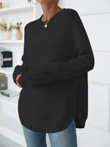 SHEIN LUNE Raglan Sleeve Curved Hem Jumper - Black - View 4