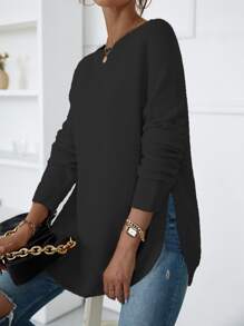 SHEIN LUNE Raglan Sleeve Curved Hem Jumper - Black - View 5