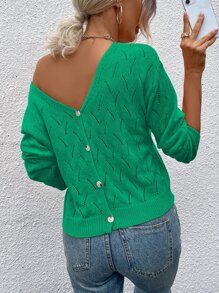 EMERY ROSE Drop Shoulder Button Back Pointelle Knit Jumper - Green - View 1