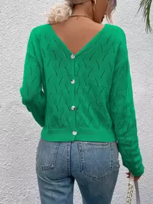 EMERY ROSE Drop Shoulder Button Back Pointelle Knit Jumper - Green - View 2