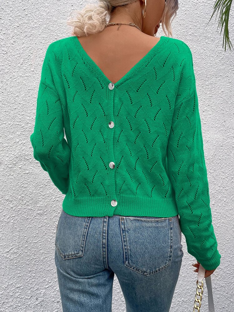 Button Back Pointelle Knit Sweater Knit Pullover Fall Winter