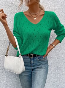 EMERY ROSE Drop Shoulder Button Back Pointelle Knit Jumper - Green - View 3