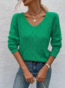 EMERY ROSE Drop Shoulder Button Back Pointelle Knit Jumper - Green - View 4
