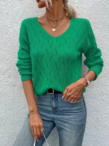 EMERY ROSE Drop Shoulder Button Back Pointelle Knit Jumper - Green - View 5