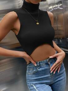 SHEIN Unity Turtle Neck Crop Tank Knit Top - Black - View 4