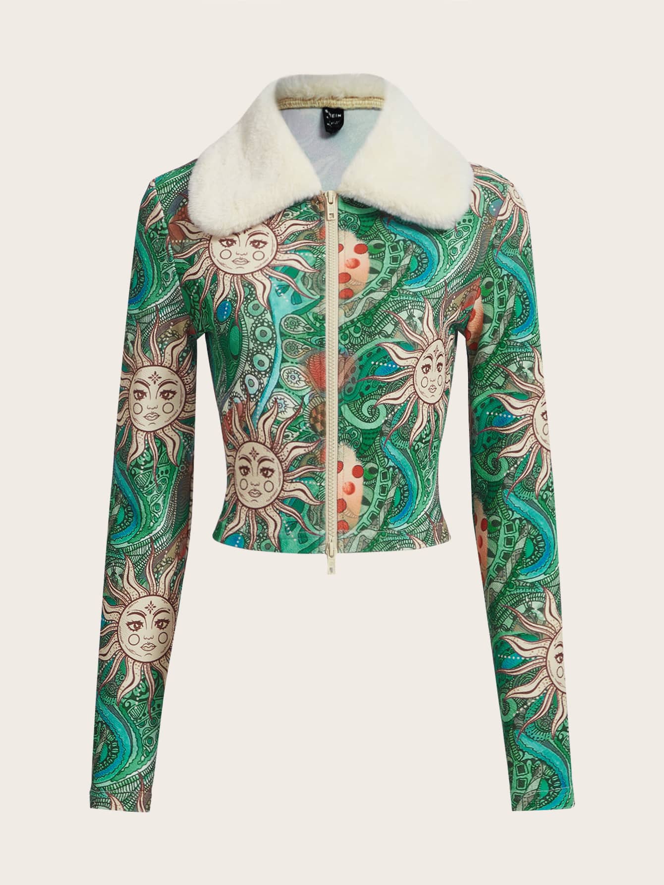 ROMWE PUNK Grunge Sun & Paisley Print Borg Collar Crop Jacket - Multicolor - View 1