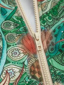 ROMWE PUNK Grunge Sun & Paisley Print Borg Collar Crop Jacket - Multicolor - View 3