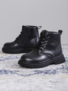 Girls Zip Side Lace-up Front Combat Boots - Black - View 3