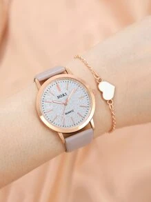 SOKI 1 pieza brillante Reloj cuarzo puntero redondo de esfera & 1 pieza Pulsera - Gris - Ver 2