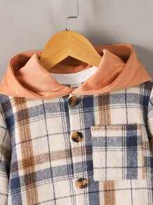 SHEIN 年輕男孩格紋印花連帽衫,無內搭t恤