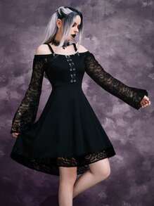 Gothic Cold Shoulder Grommet Lace Up Dress - Black - View 3