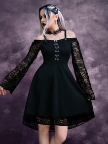 Gothic Cold Shoulder Grommet Lace Up Dress - Black - View 4