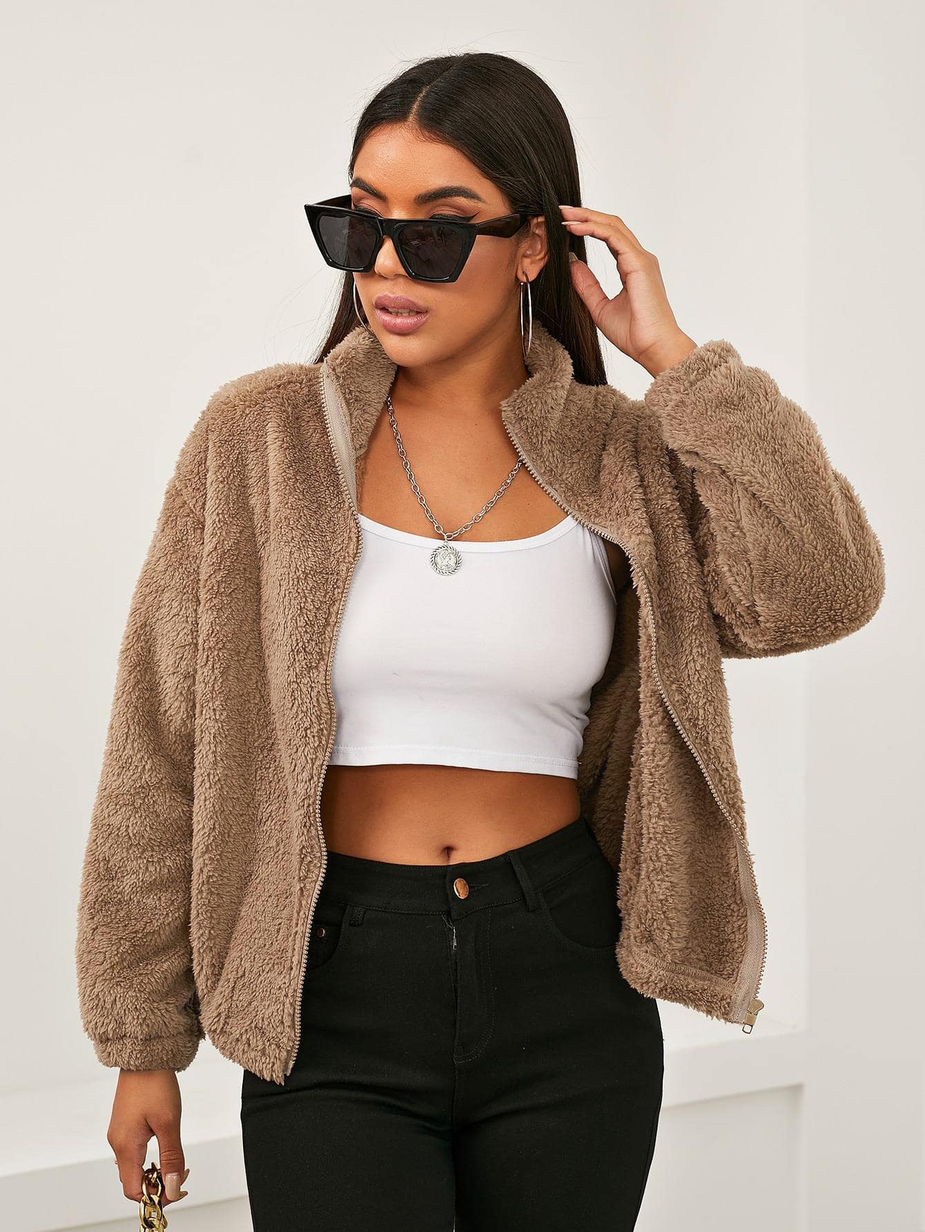 SHEIN Essnce Áo khoác Dây kéo màu trơn Giải trí - màu nâu - Xem 1