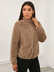 SHEIN Essnce Áo khoác Dây kéo màu trơn Giải trí - màu nâu - Xem 3