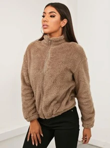 SHEIN Essnce Áo khoác Dây kéo màu trơn Giải trí - màu nâu - Xem 6