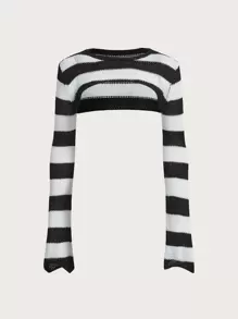 ROMWE PUNK 條紋圖案女式緊身短套衫套頭毛衣 - 黑與白 - 查看 1