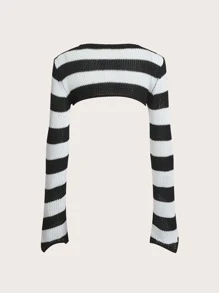 ROMWE PUNK 條紋圖案女式緊身短套衫套頭毛衣 - 黑與白 - 查看 2