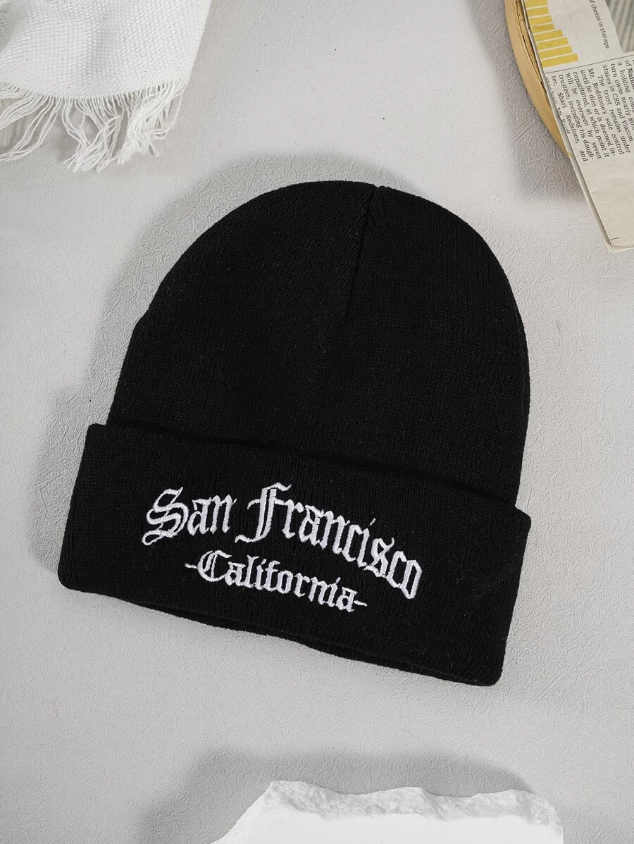 1pc Unisex Letter Embroidered Knit Beanie Hat, Winter Warm - Black - View 1
