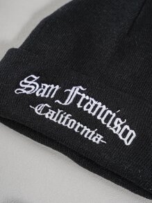 1pc Unisex Letter Embroidered Knit Beanie Hat, Winter Warm - Black - View 4