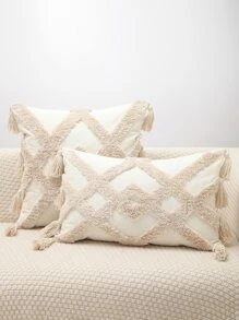 1pc Tufted Tassel Decor Cushion Cover Without Filler - Beige - View 1