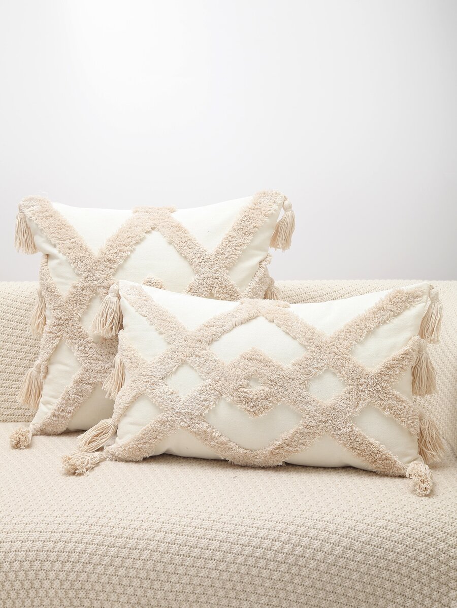1pc Tufted Tassel Decor Cushion Cover Without Filler - Beige - View 1