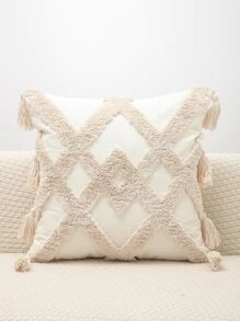 1pc Tufted Tassel Decor Cushion Cover Without Filler - Beige - View 4