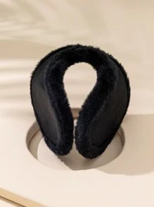 1個女生簡約毛茸茸耳暖器帶針織卷邊,溫暖舒適適合通勤佩戴 - 黑色 - 查看 1