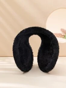 1個女生簡約毛茸茸耳暖器帶針織卷邊,溫暖舒適適合通勤佩戴 - 黑色 - 查看 3