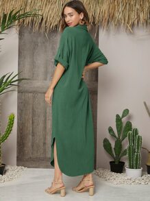 SHEIN LUNE Đầm Nút phía trước màu trơn Giải trí - màu xanh lá - Xem 2