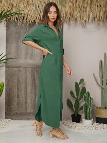 SHEIN LUNE Đầm Nút phía trước màu trơn Giải trí - màu xanh lá - Xem 3