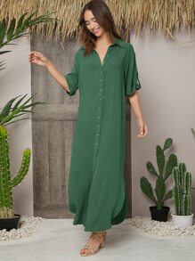 SHEIN LUNE Đầm Nút phía trước màu trơn Giải trí - màu xanh lá - Xem 4