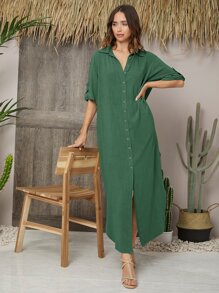 SHEIN LUNE Đầm Nút phía trước màu trơn Giải trí - màu xanh lá - Xem 5