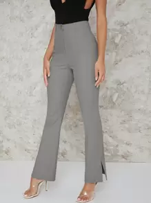 SHEIN BAE 下擺開叉喇叭褲 - 灰色 - 查看 3