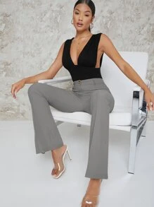 SHEIN BAE 下擺開叉喇叭褲 - 灰色 - 查看 5