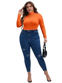 SHEIN Essnce Plus High Neck Slim Fit Tee Bodysuit, For Winter