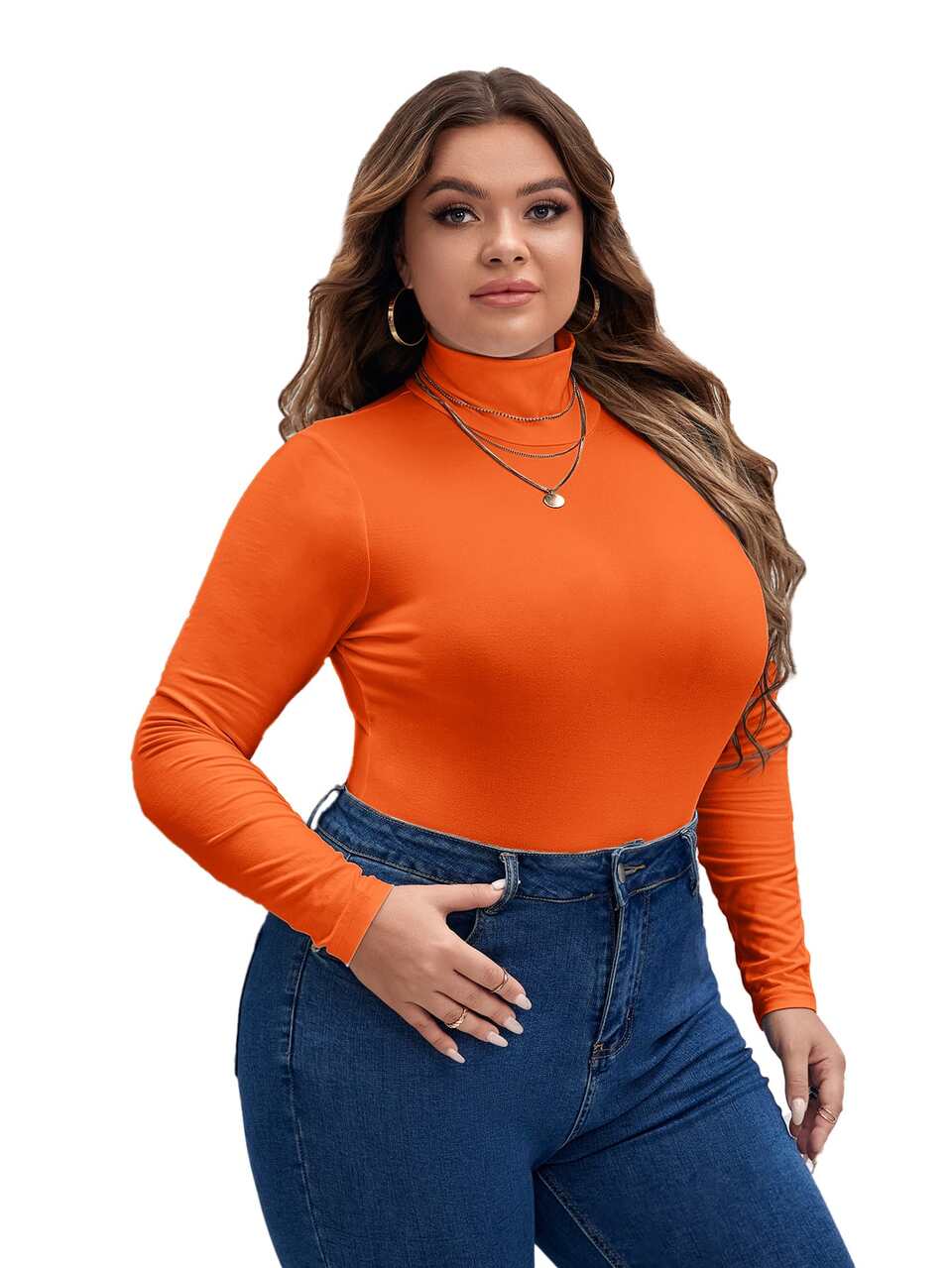 Plus High Neck Slim Fit Tee Bodysuit, For Winter