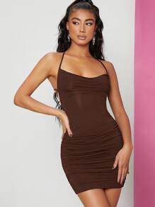 SHEIN BAE 交叉露背繫帶褶邊緊身連衣裙 - 咖啡棕 - 查看 1