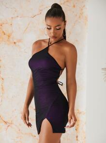 SHEIN BAE 露背繫帶緊身連衣裙 - 紫色 - 查看 5