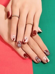 YTJ 聖誕主題指甲藝術貼紙，正方形短指甲貼紙，附有鹿元素，1包24張，適用於娛樂、派對、休閒場合，包括果凍膠與指甲文件，可以快速貼上指甲的美甲用品