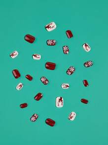 YTJ 聖誕主題指甲藝術貼紙，正方形短指甲貼紙，附有鹿元素，1包24張，適用於娛樂、派對、休閒場合，包括果凍膠與指甲文件，可以快速貼上指甲的美甲用品